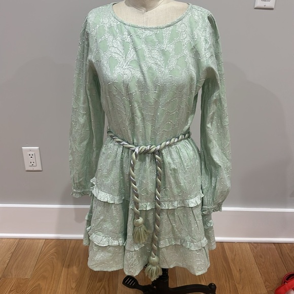 NWOT Roller Rabbit Mint Green Mini Dress Clermont Nori Silver Tie Tassels Tiered - Picture 2 of 12